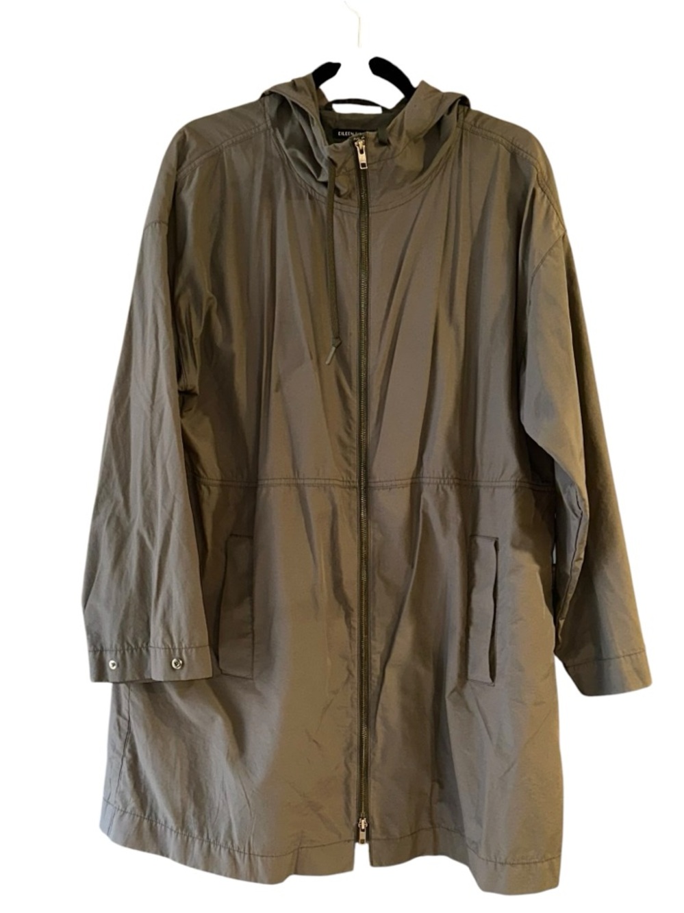 Eileen Fisher Hooded Jacket Lightweight Olive Organic Cotton Raincoat Anorak Med